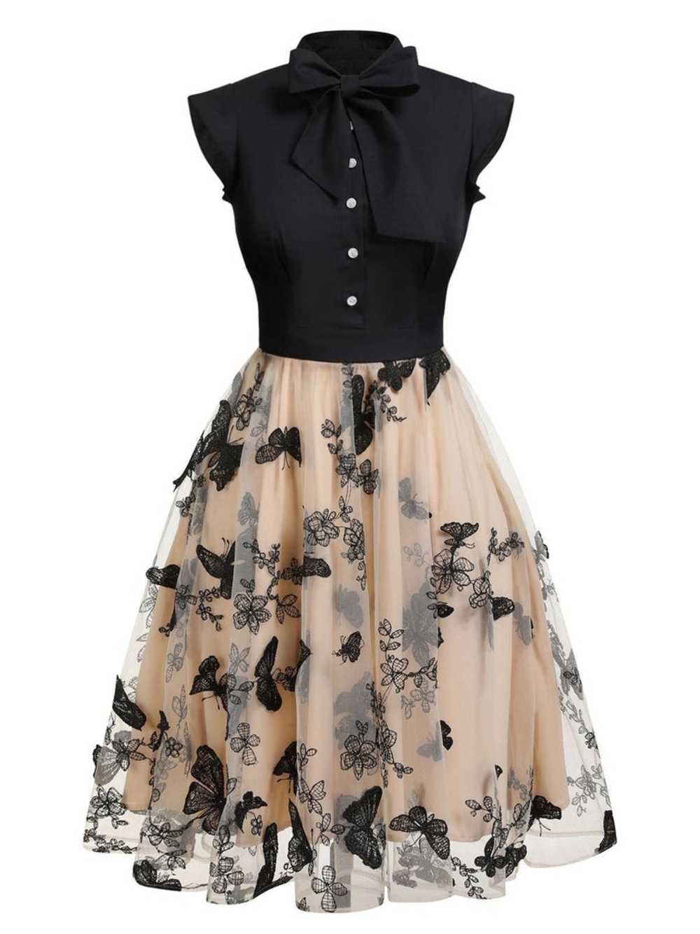 Retrostage Vintage-Inspired Black & Cream Butterfly Tulle Dress